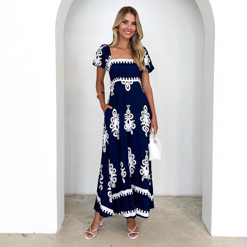 Summer Women Clothing Vacation Printed Beach Dress Smocking Dress Women
