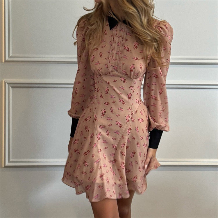 Printing Color Contrast French Dress Women Design Pleated Collared Long Sleeve High Waist A line Dress