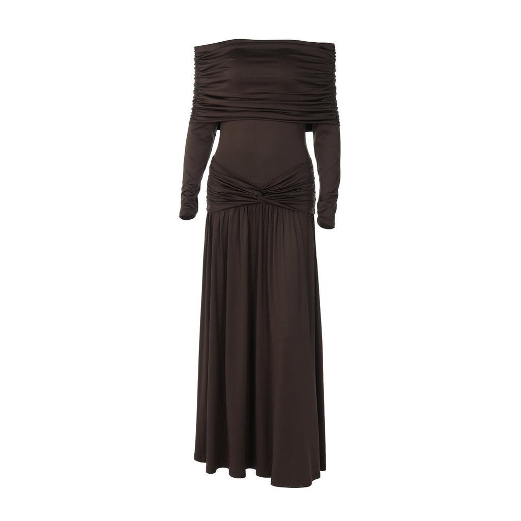 French Women Autumn off Neck Cinched Pleated Long Sleeve Dress