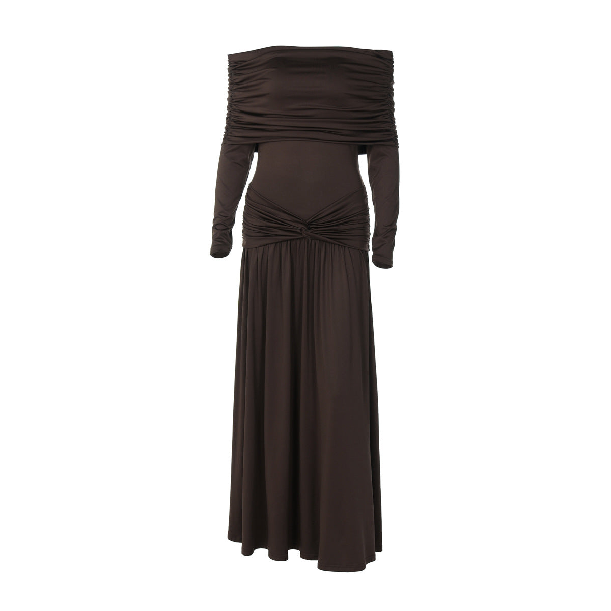 French Women Autumn off Neck Cinched Pleated Long Sleeve Dress