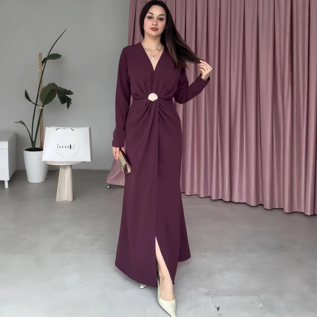 Fall V neck Long Sleeve Waist Controlled Pleated Women Dress
