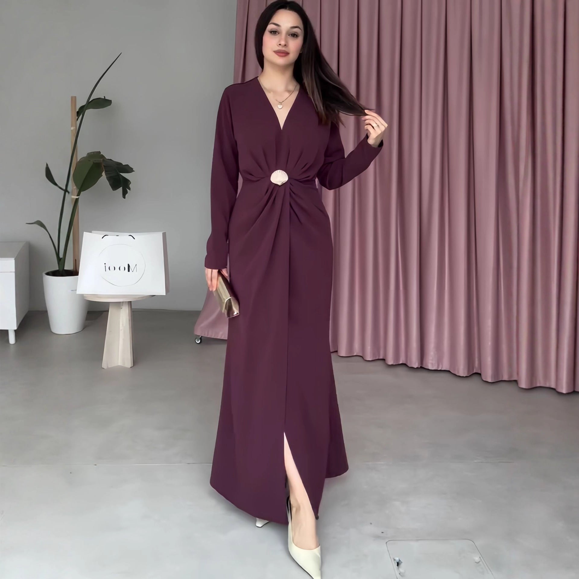 Fall V neck Long Sleeve Waist Controlled Pleated Women Dress