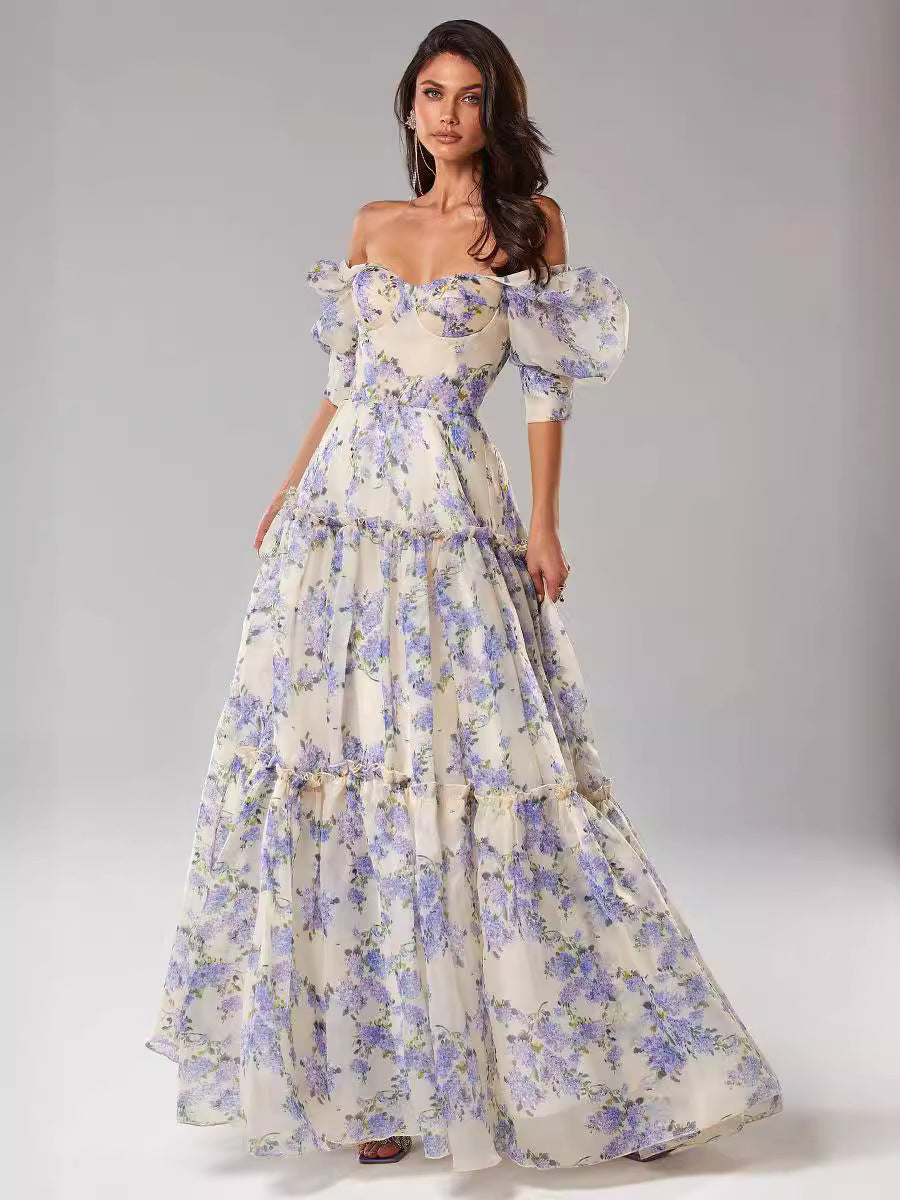 Spring Summer off the Shoulder Women Organza Fairy Long Elegant Evening Dress