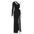 Fall One Shoulder Diagonal Collar Long Sleeve Dress Women Split Hollow Out Cutout Dress