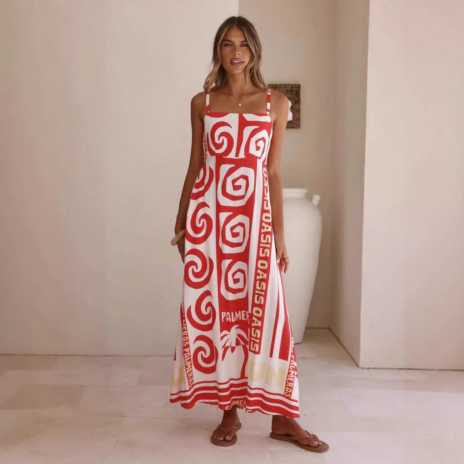 Summer Geometric Abstract Print Vacation Large Swing Cami Dress Women Dress
