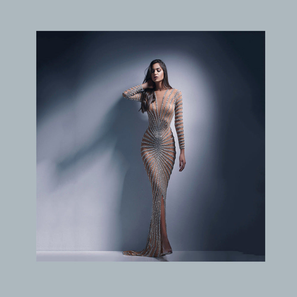 Spring Rhinestone Women Clothing Mesh See through Long Sleeve Split Maxi Dress