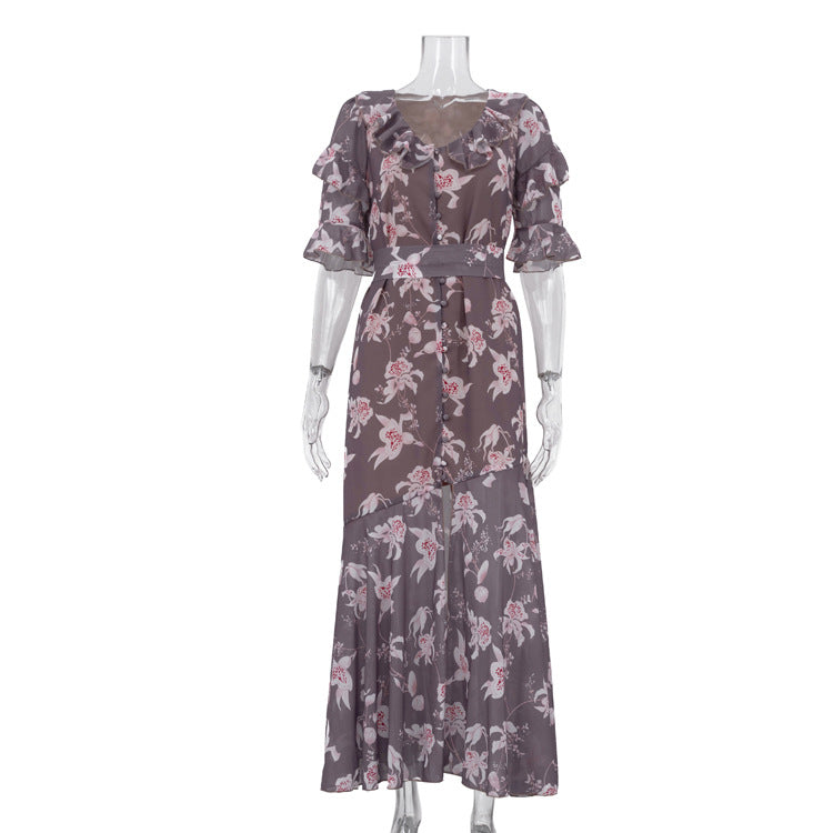 Elegant Fashionable Printing a Line Dress Women Summer V neck Short Sleeve Single Breasted Split Dress