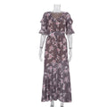 Elegant Fashionable Printing a Line Dress Women Summer V neck Short Sleeve Single Breasted Split Dress