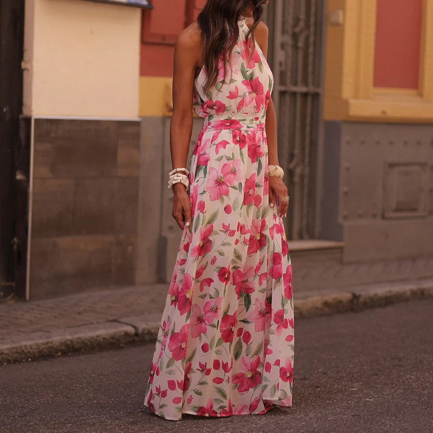 Elegant Women Printed Wear Fresh Slim Dress Pleated Office Maxi Dress