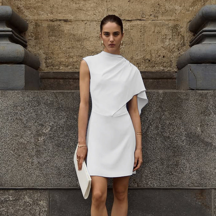 Irregular Asymmetric White Sleeveless Waist Tight Elegant Dress Women Elegant Slim Fit