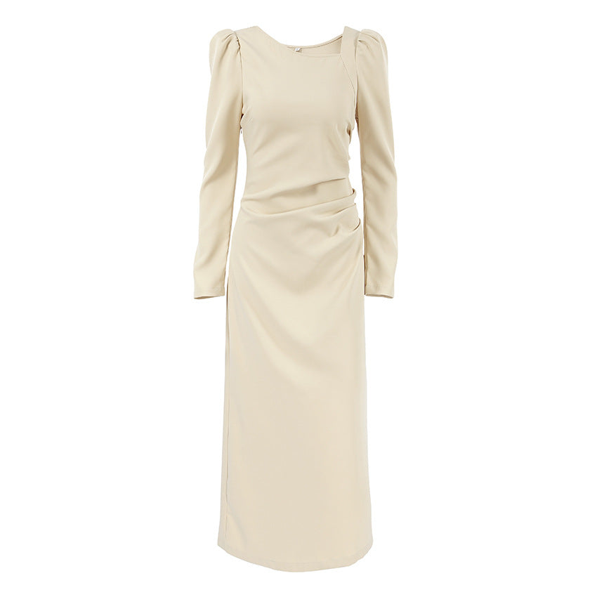 Autumn Casual Elegant Irregular Asymmetric Collar Puff Sleeve Tight Split Dress Khaki Maxi Dress