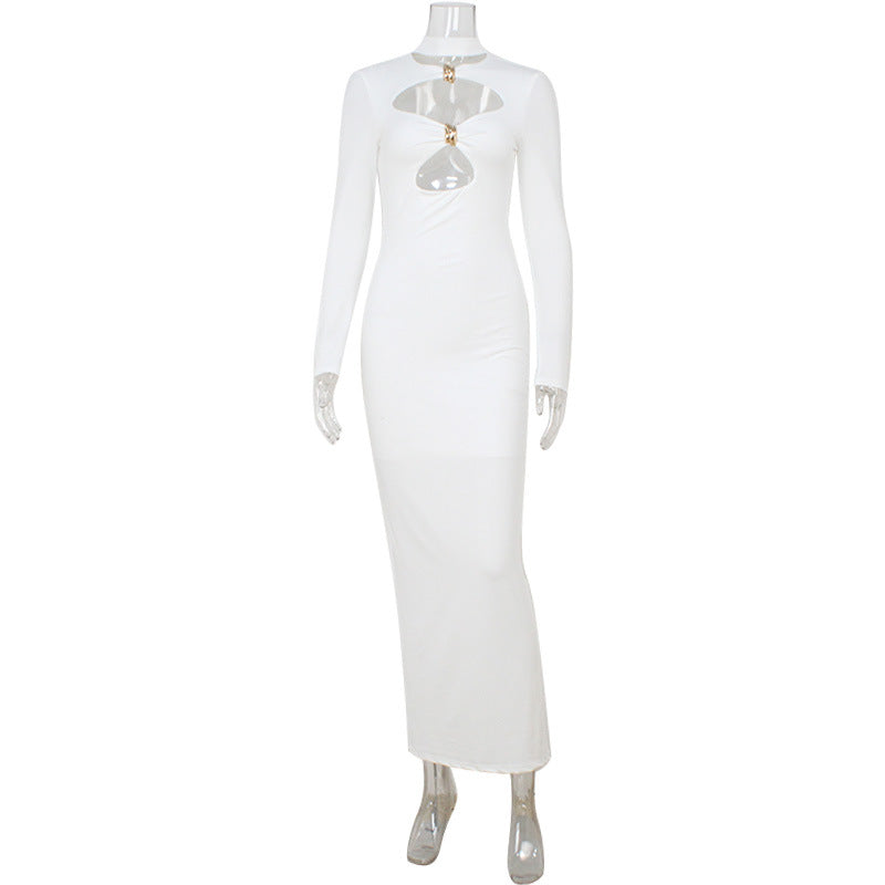 Women Design Hollow Out Cutout out High Class Elegant Slim Fitting Simple Solid Color Maxi Dress Hip Dress