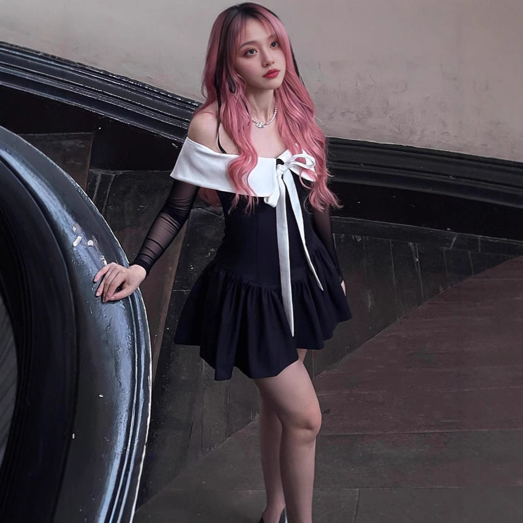 Autumn College Cute Bow Dress Sweet Spicy Doll Collar Contrast Color