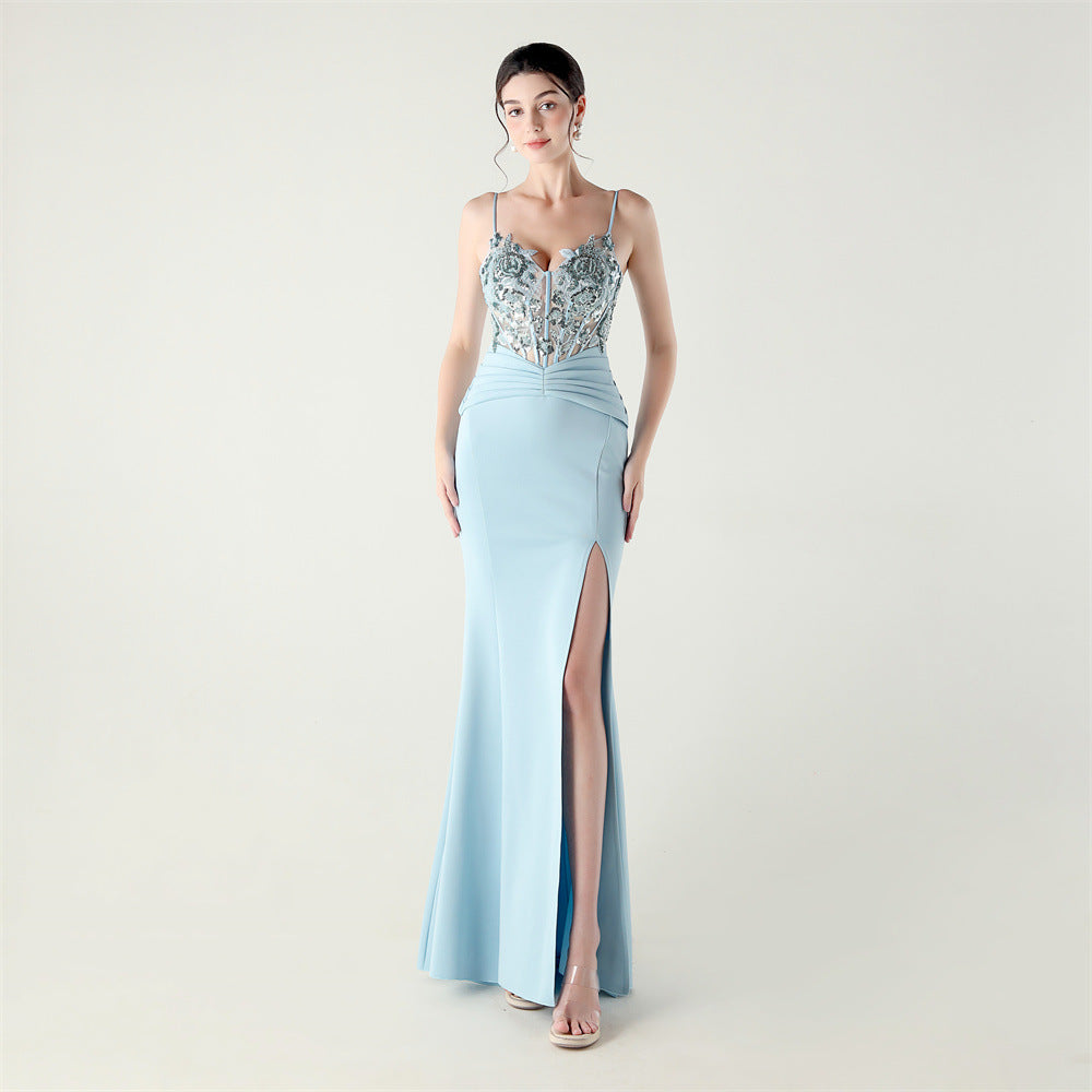 Satin Cloth Applique Bead Tube Boning Corset Waist Tight Folding Craft Evening Dress Strapless Sexy Dinner Social