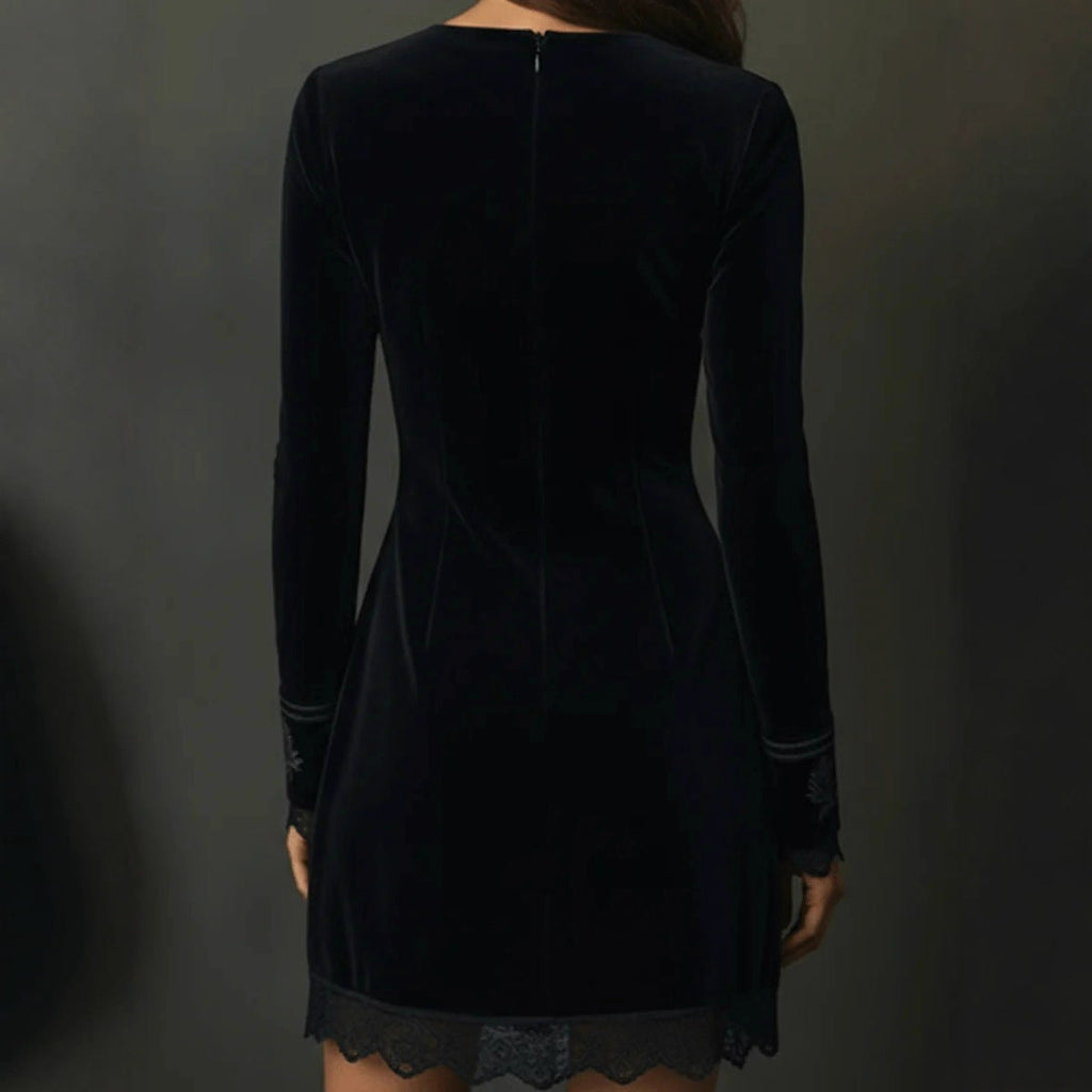 Retro Elegant Velvet Embroidered Lace V neck Long Sleeve Dress