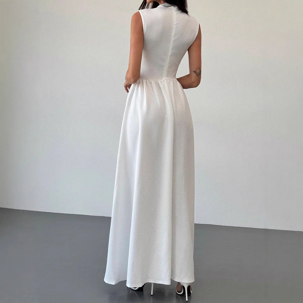 Elegant round Neck Sleeveless Waist Color Contrast Patchwork Dress Evening Dress Women Dress