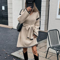 Idle Tie Waist Trimming Loose Knitted V neck Long Sleeve Fall Mid Length Dress Women