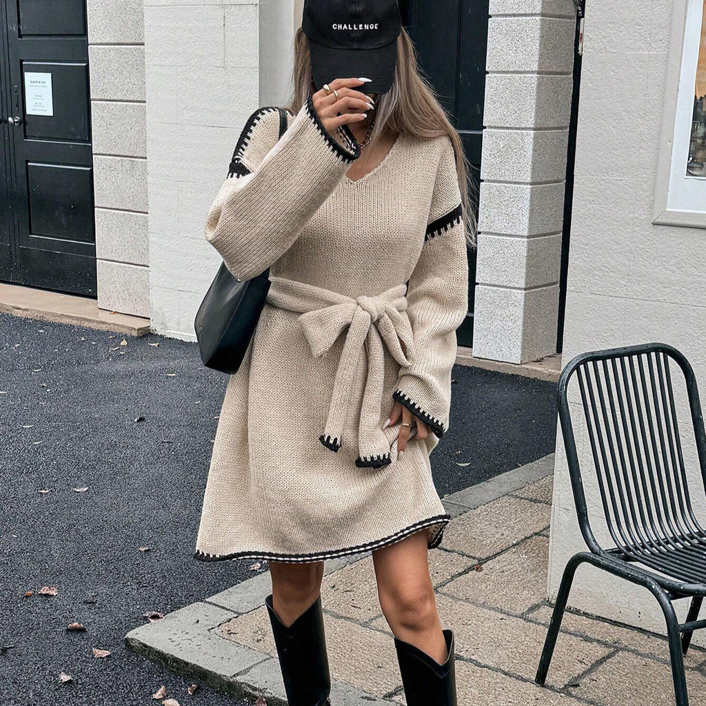 Idle Tie Waist Trimming Loose Knitted V neck Long Sleeve Fall Mid Length Dress Women