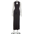 Women Clothing Spring Metal Buckle Half Turtleneck Sleeveless Sheath Slit Pleated Dress
