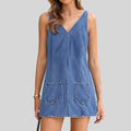 Summer V neck Denim Strap Dress Women Sleeveless Short Casual Figure Flattering Suspender Dress