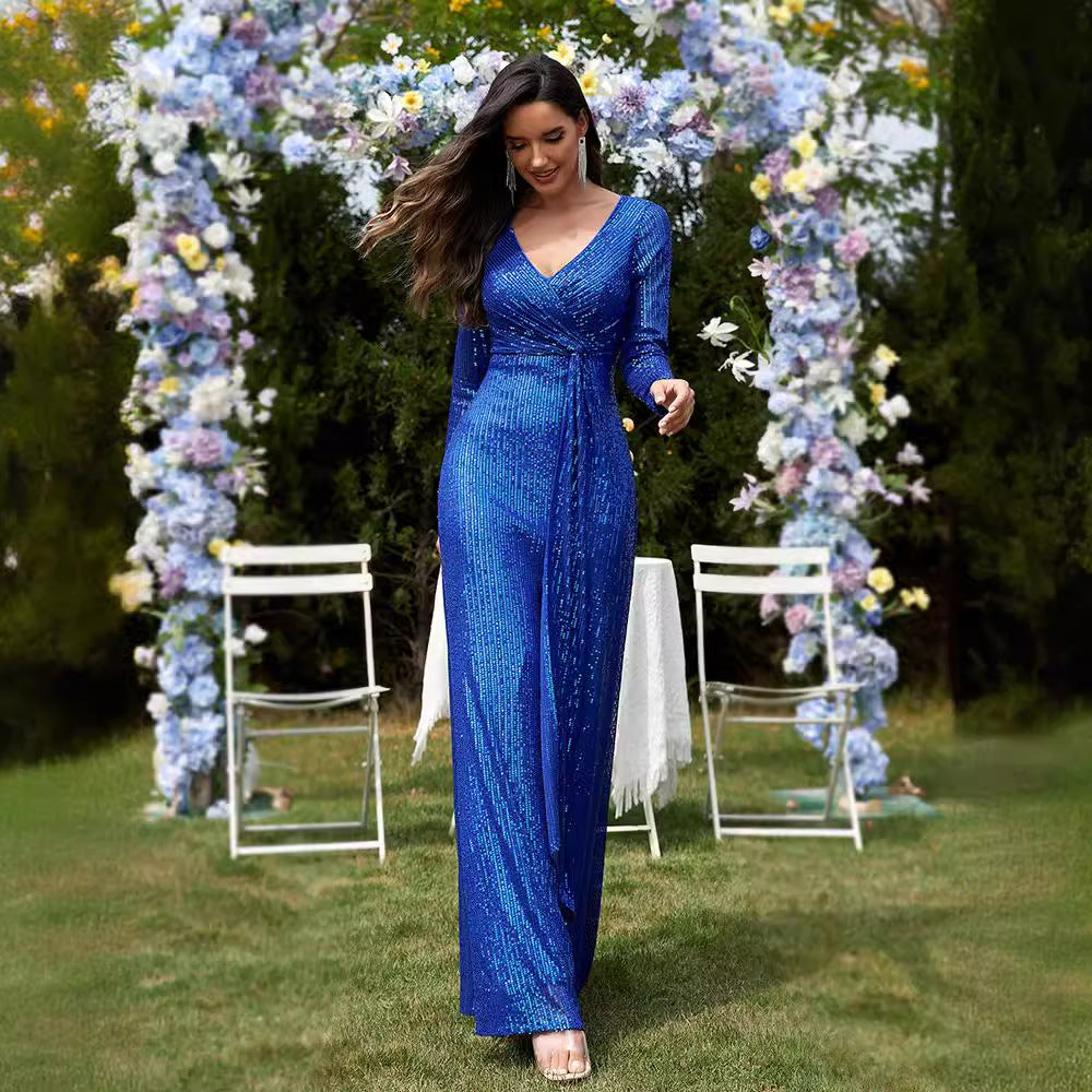 Multi Color Long Sleeve V neck Fishtail Cocktail Evening Dress Women