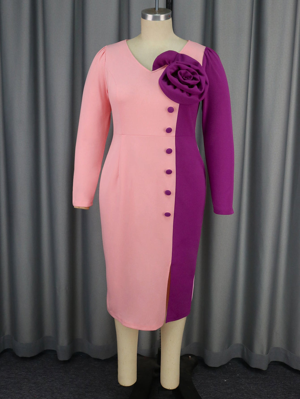 Cool Contrast Color Color Matching Rose Dress Party Cocktail V neck Long Sleeve Mid Length Dress