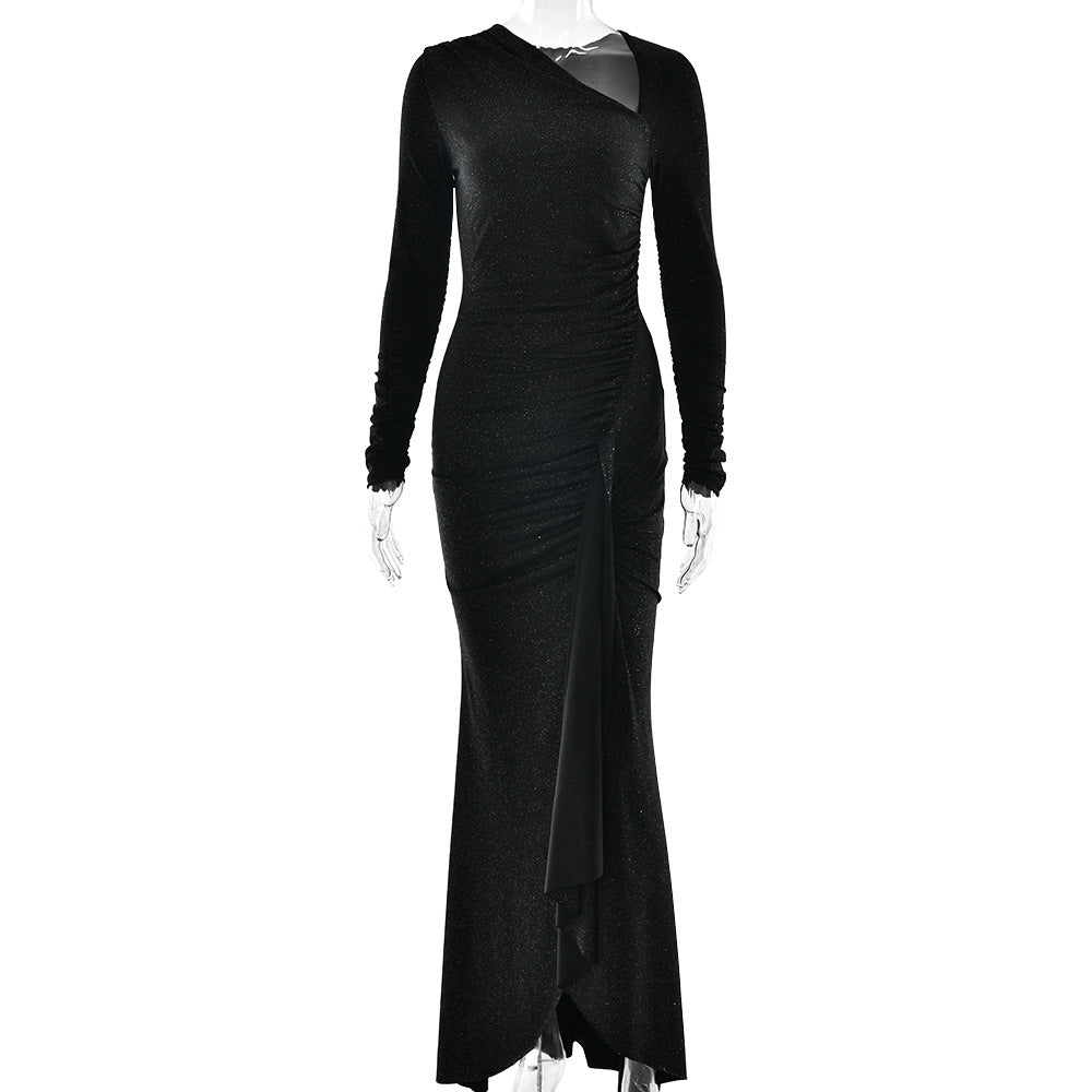 Elegant Slim Women Clothing Dress Diagonal Collar Long Sleeve Pleated Sexy Bright Silk Dress