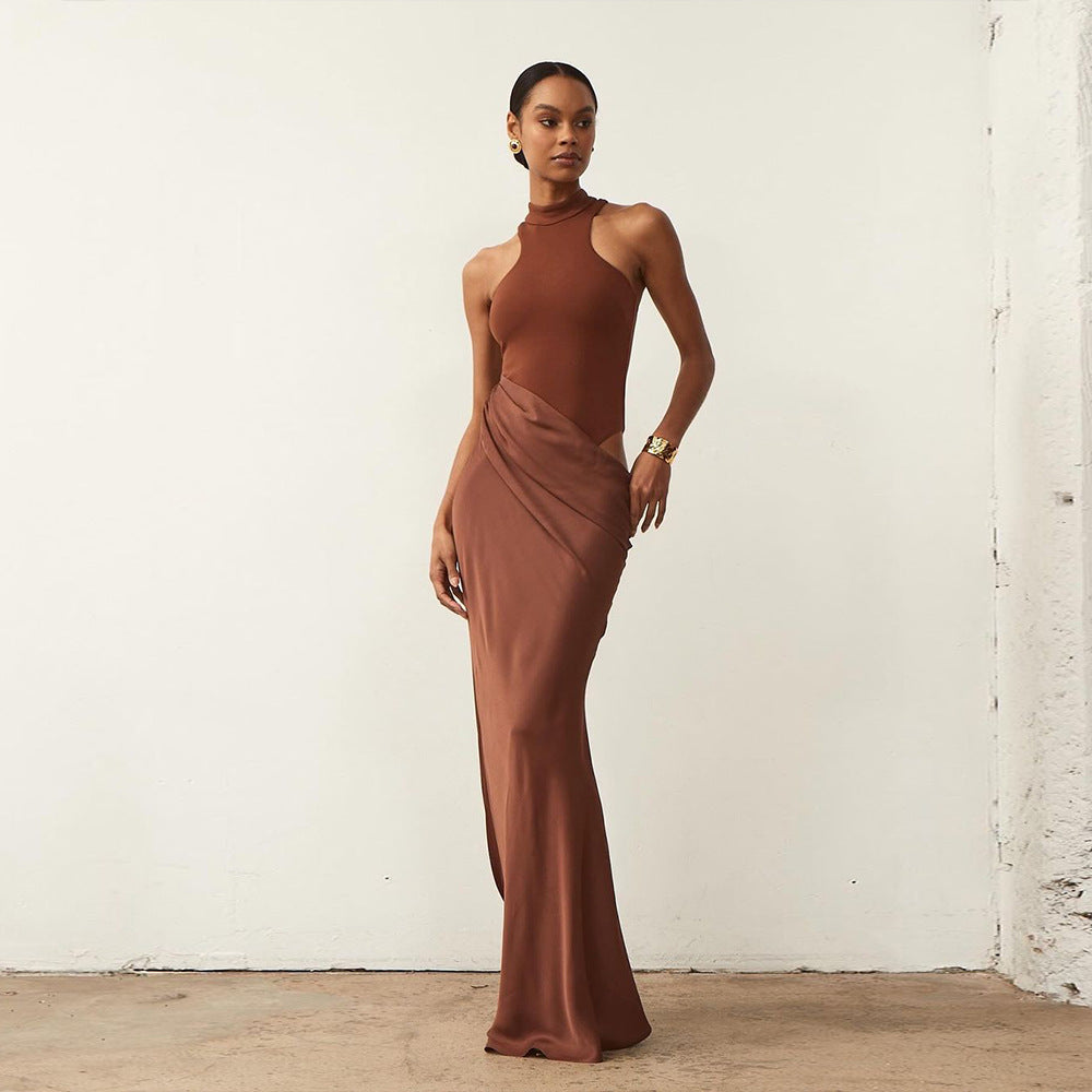 Women Dress round Neck Sleeveless Slim Fitting Patchwork Maxi Dress Hollowed out Dress