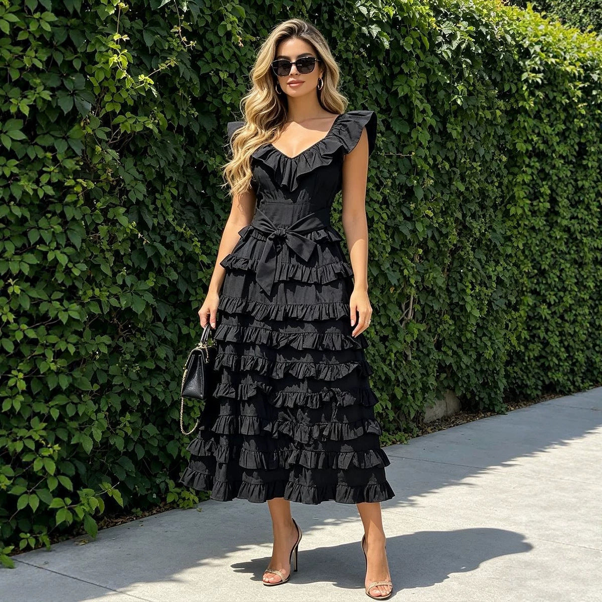 Summer Elegant Retro Flying Sleeves V neck Waist Controlled Slimming Solid Color Tiered Dress Women