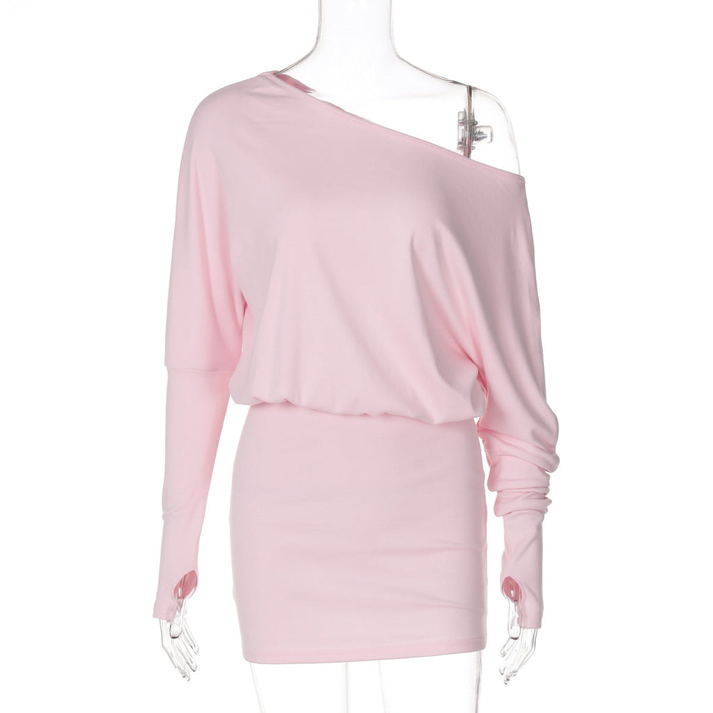 Women Clothing Autumn Personalized One Shoulder Cold Shoulder Long Sleeve Faux Two Piece Waist Slimming Hip