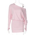 Women Clothing Autumn Personalized One Shoulder Cold Shoulder Long Sleeve Faux Two Piece Waist Slimming Hip