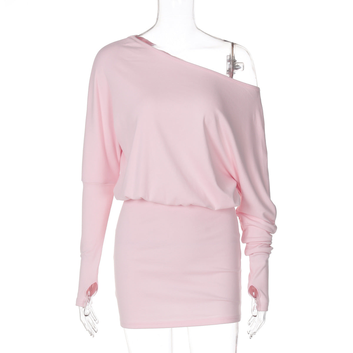 Women Clothing Autumn Personalized One Shoulder Cold Shoulder Long Sleeve Faux Two Piece Waist Slimming Hip