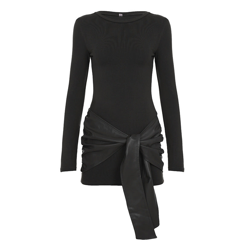 Women Solid Color Leather Stitching Tight Long Sleeved Dress Mature Sexy Pullover Sheath Lace Dress