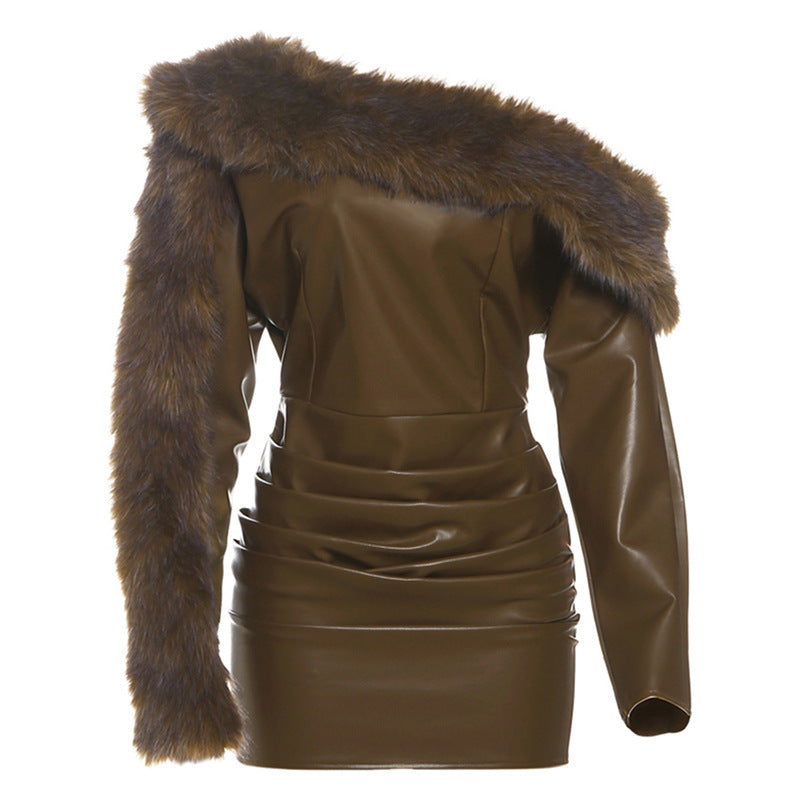 Autumn Winter Women Fur Collar Long Sleeve Solid Color Pleated Sexy off Shoulder Sexy Dress
