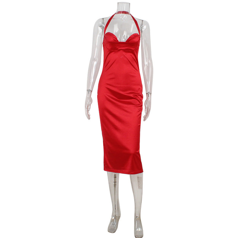 Elegant Women Clothing Slim Fit High Grade Satin Tube Top Halter Backless Red Dress Dress Women