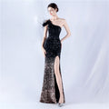 Dress Gradient Velvet Bottom Sequin Craft Order Ostrich Feather One Shoulder Diagonal Collar High Fork Evening Dress