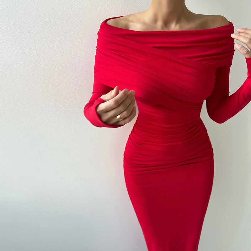 Spring Dress Women Off Shoulder Long Sleeve Waist Controlled Hip Dress Elegant Retro Red