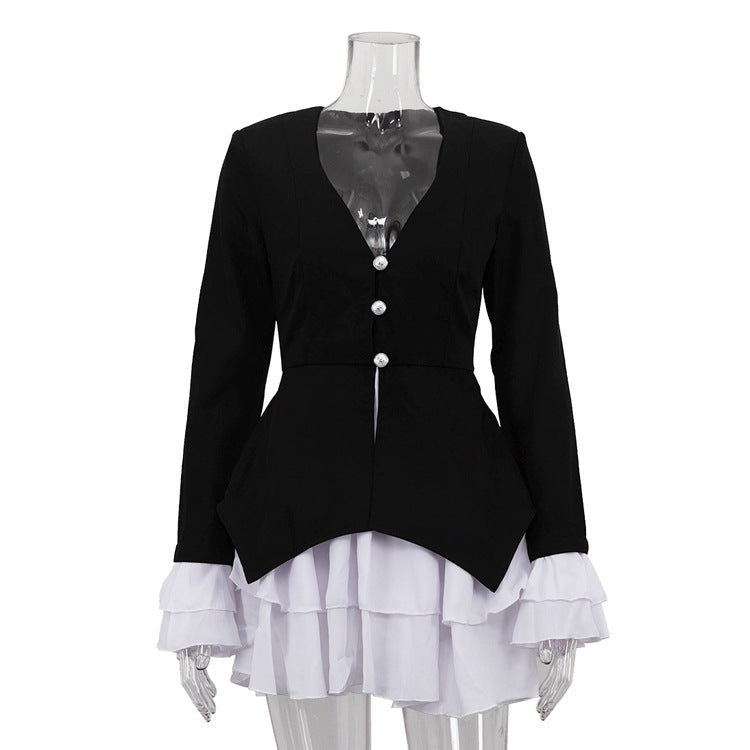 Women Clothing Black White Color Contrast Short Dress V neck Flared Sleeves Elegant A line Dress