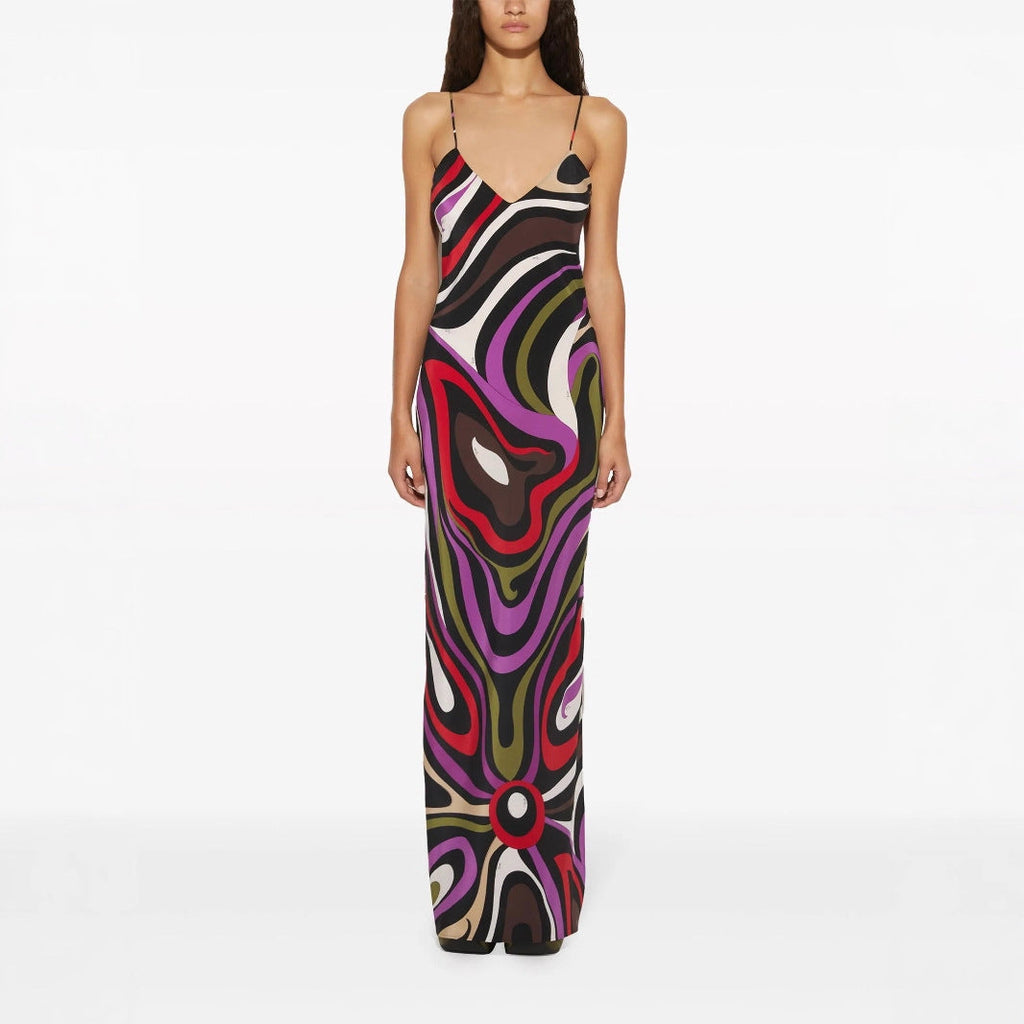 Summer Printed Satin Strap Backless Maxi Dress Women