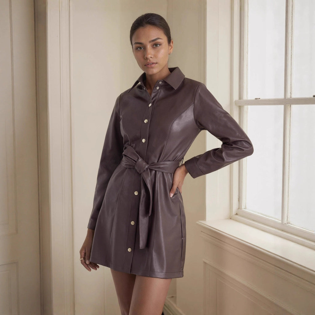 Mid Length Leather Coat Dress with Belt Spring Autumn Long Sleeve Faux Leather Trench Coat British Leather Coat Women