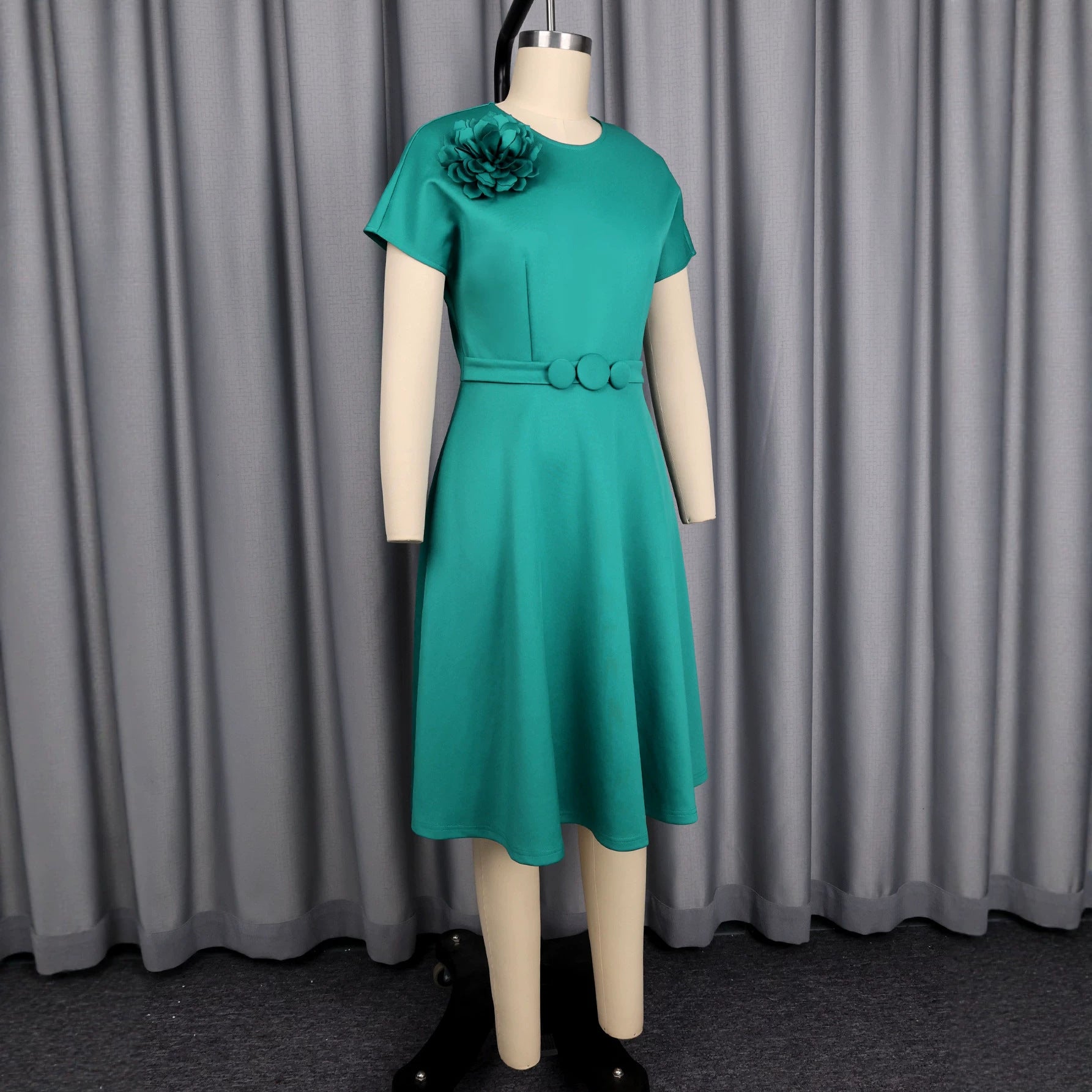Elegant Decorative Button Dress A Swing High Waist Slimming Three Dimensional Applique Solid Color Dress