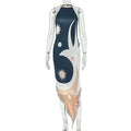 Women Printed Wear Slimming Socialite Slim Waist Hip High Collar Sleeveless Maxi Dress