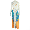 Stitching Women Printed Street Office A line round Neck Long Sleeve Waist Dress