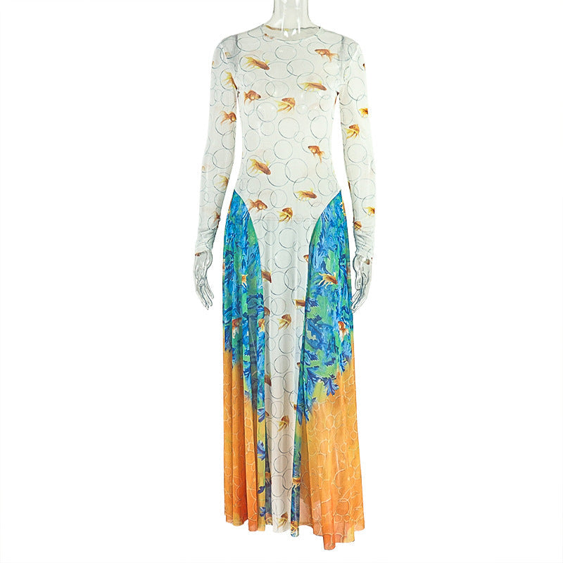 Stitching Women Printed Street Office A line round Neck Long Sleeve Waist Dress