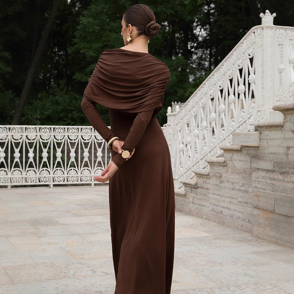 Fall Winter Elegant Long Sleeve Solid Color Knitted Slim Fit Maxi Dress Office Irregular Asymmetric Collar Dress for Women