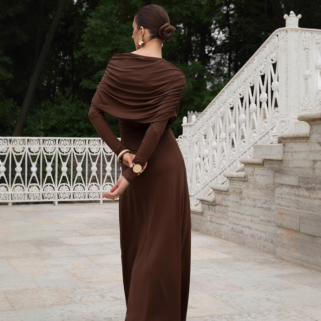 Fall Winter Elegant Long Sleeve Solid Color Knitted Slim Fit Maxi Dress Office Irregular Asymmetric Collar Dress for Women