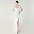 One Shoulder Three Dimensional Floral Satin Folding High Slit Sexy Evening Dress Dinner Wedding Social