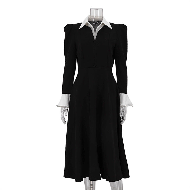 Black White Stitching Faux Two Pieces Sets Dress Women Elegant High Waist A line Dress