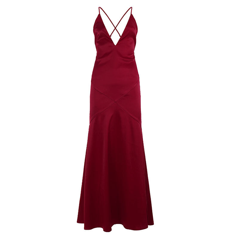 Elegant Satin Evening Dress Cocktail Wine Red Sexy V neck Strap Dress Backless Fishtail Dress