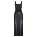 Women Clothing Square Collar Low Cut Drawstring Slim Fit Leather Dress Sexy Sheath Split Dress